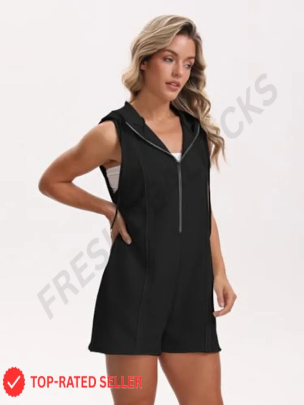 Women's Sleeveless Hooded Romper Jumpsuit with Pockets Zip-Front Casual Athletic